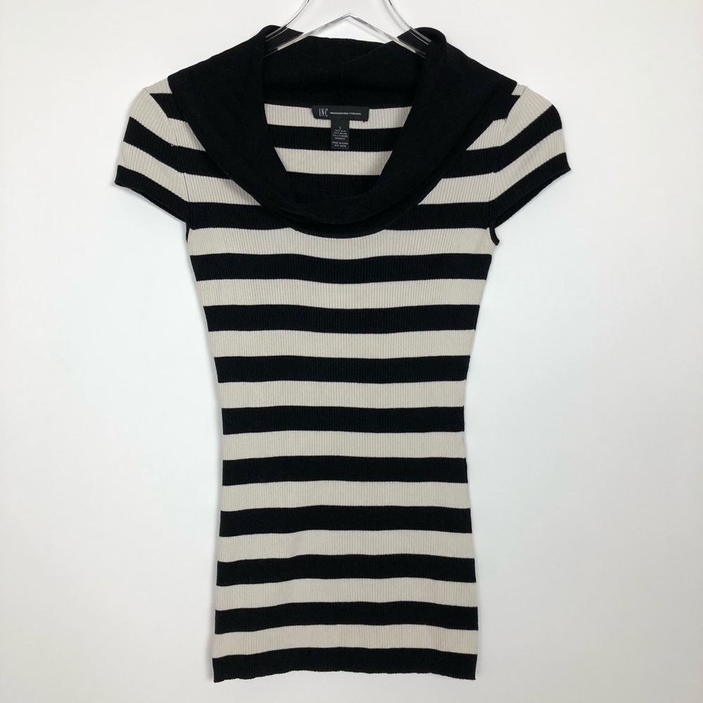 INC Black and White Striped Short Sleeve Sweater